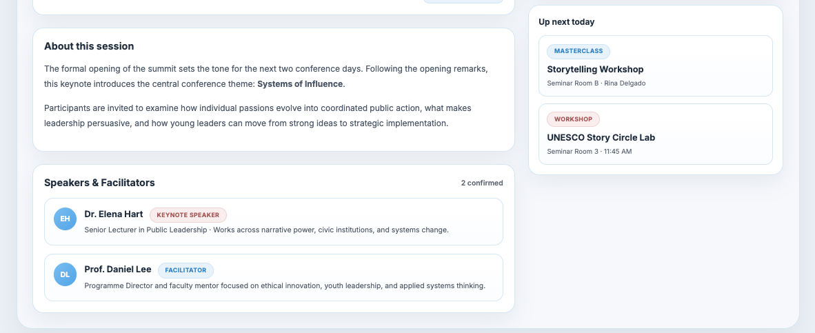 Session detail — continuity — session context, materials, and next-session navigation support the experience beyond a static schedule.